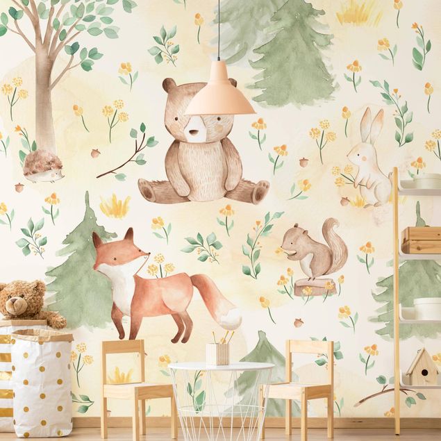 Wanddeko Büro Fuchs und Bär mit Blumen und Bäumen