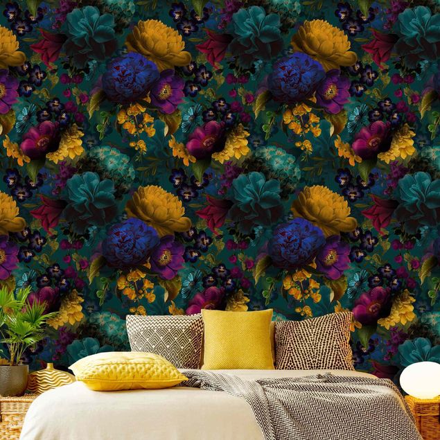 Wanddeko Wohnzimmer Gelbe Blüten mit Blauen Blumen vor Türkis