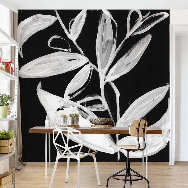Wanddeko Wohnzimmer Gemalte Blätter auf Schwarz