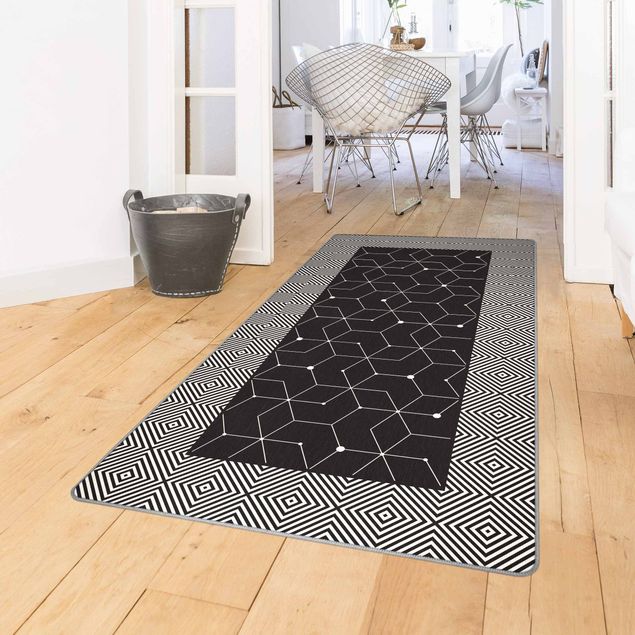 Wanddeko Küche Geometrische Fliesen Punktlinien Schwarz mit Bordüre