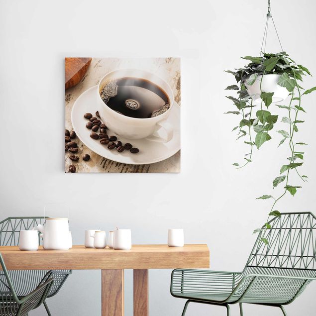 Wanddeko Esszimmer Dampfende Kaffeetasse mit Kaffeebohnen