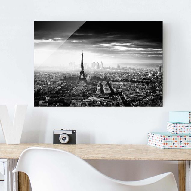 Deko Architektur Der Eiffelturm von Oben Schwarz-weiß