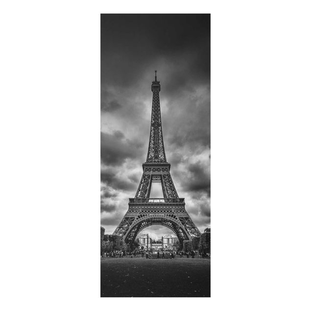 Wanddeko Schlafzimmer Eiffelturm vor Wolken schwarz-weiß