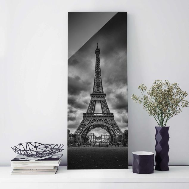 Wanddeko Küche Eiffelturm vor Wolken schwarz-weiß