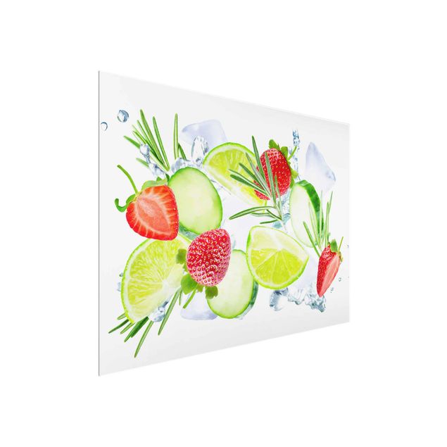 Wandbilder Modern Erdbeeren Limetten Eiswürfel Splash