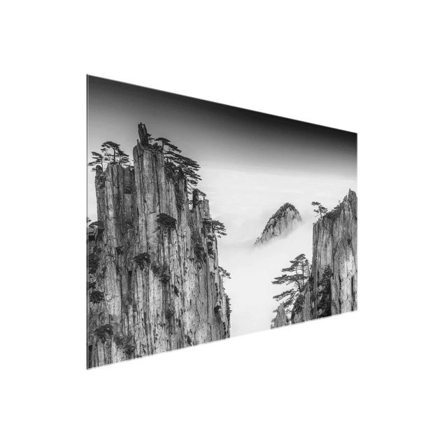 Wanddeko Büro Felsen im Nebel schwarz-weiß