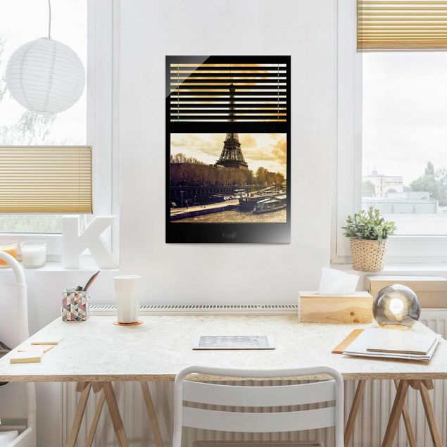 Wanddeko Wohnzimmer Fensterausblick Jalousie - Paris Eiffelturm Sonnenuntergang