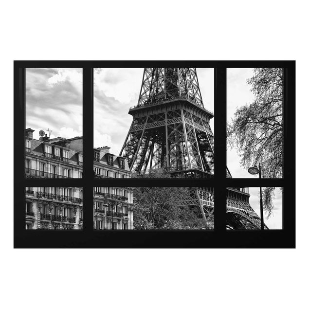 Wanddeko Esszimmer Fensterausblick Paris - Nahe am Eiffelturm schwarz weiss