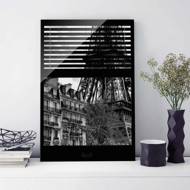 Glasbilder Paris Fensterausblick Paris - Nahe am Eiffelturm schwarz weiss
