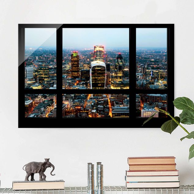 Glasbilder London Fensterblick auf beleuchtete Skyline von London