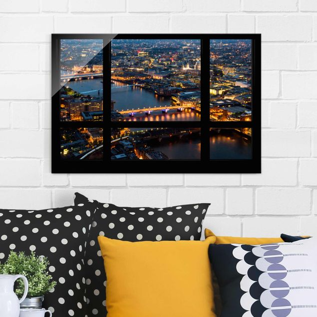 Glasbilder London Fensterblick auf Londons Skyline mit Brücken