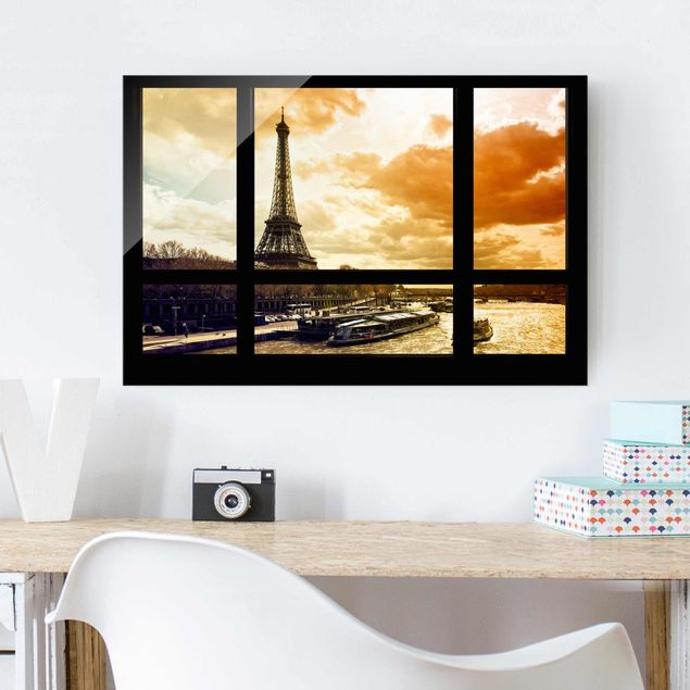 Glasbilder Paris Fensterblick - Paris Eiffelturm Sonnenuntergang