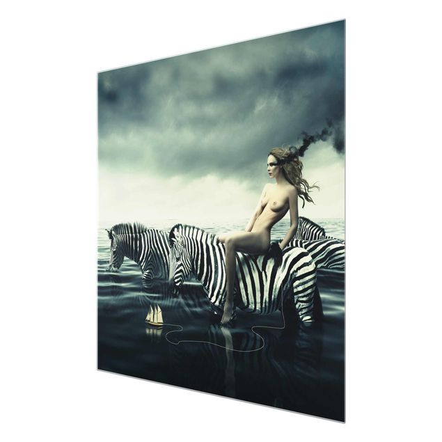 Wanddeko über Sofa Frauenakt mit Zebras