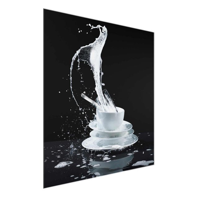 schwarz weiß Glasbilder Geschirr mit Spülmittel-Splash