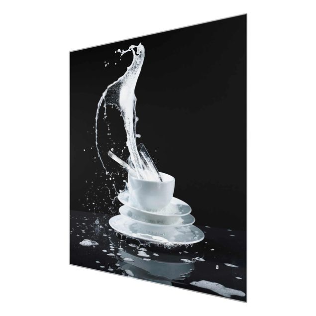 Wandbilder Schwarz-Weiß Geschirr mit Spülmittel-Splash