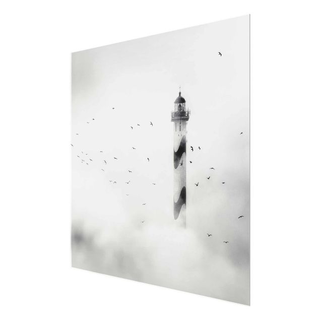 Wanddeko über Sofa Leuchtturm im Nebel