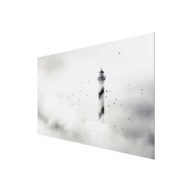 Wanddeko über Sofa Leuchtturm im Nebel