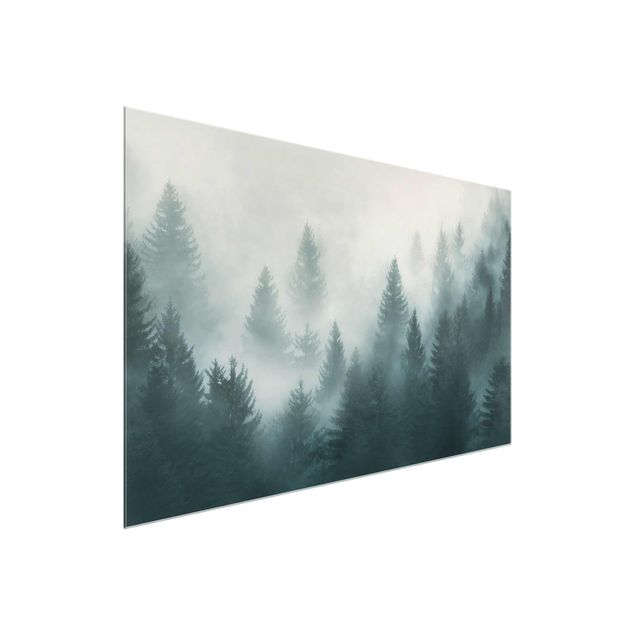 Wanddeko Esszimmer Nadelwald im Nebel