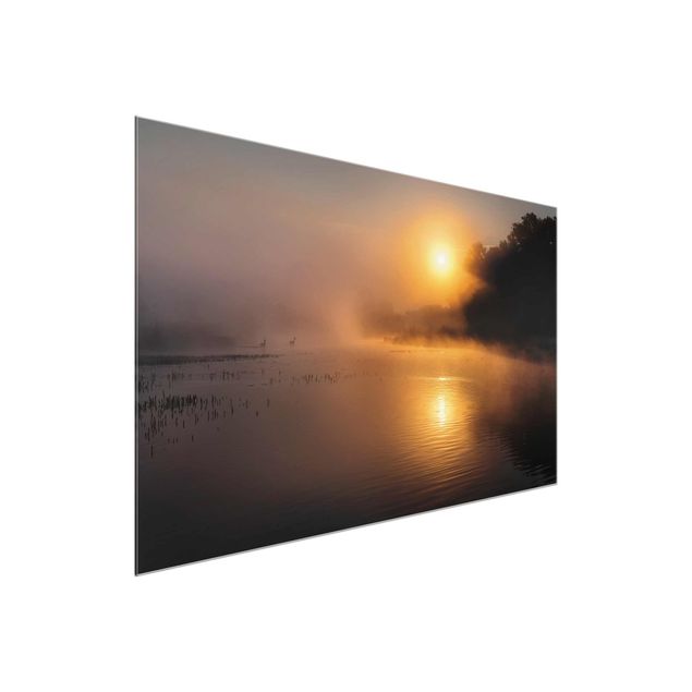 Wanddeko Esszimmer Sonnenaufgang am See mit Rehen im Nebel