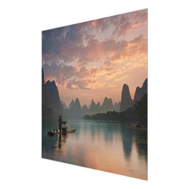 Glasbilder Berge Sonnenaufgang über chinesischem Fluss