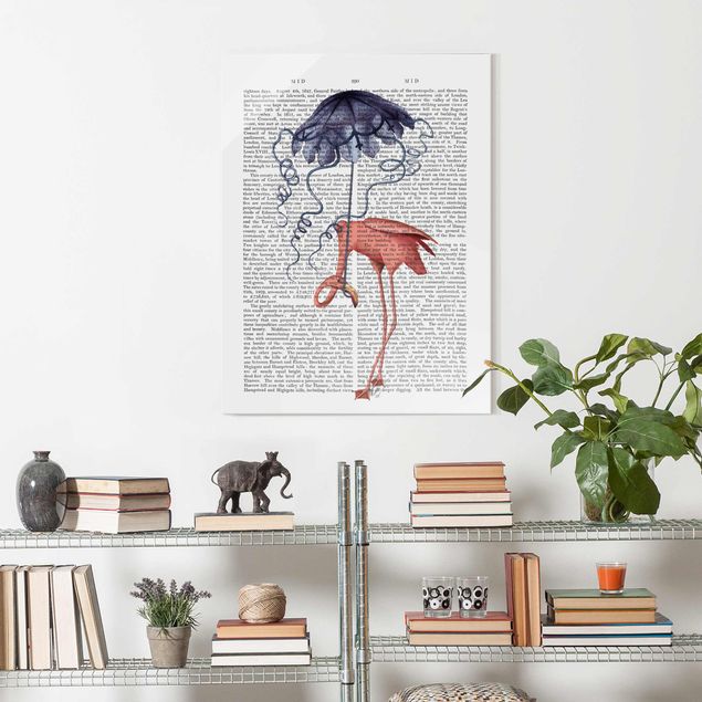 Wanddeko Flur Tierlektüre - Flamingo mit Regenschirm