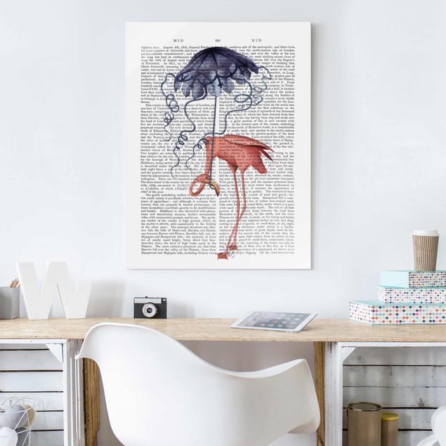 Wanddeko Esszimmer Tierlektüre - Flamingo mit Regenschirm