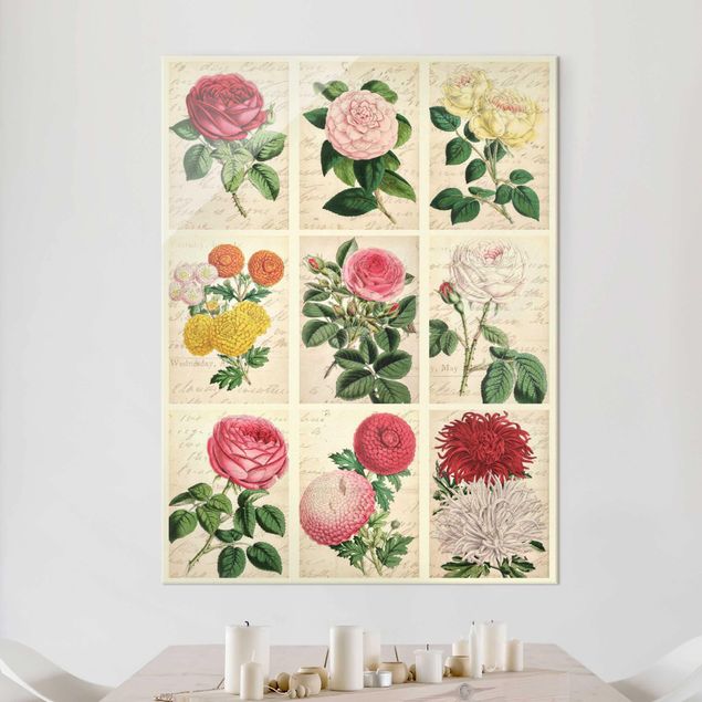 Glasbilder Rosen Vintage Blumen Collage