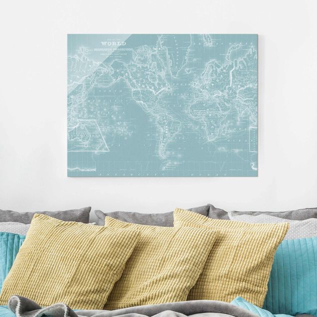 Wanddeko Schlafzimmer Weltkarte in Eisblau