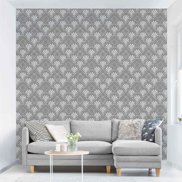 Wanddeko Wohnzimmer Glitzeroptik mit Art Deco Muster auf Grau