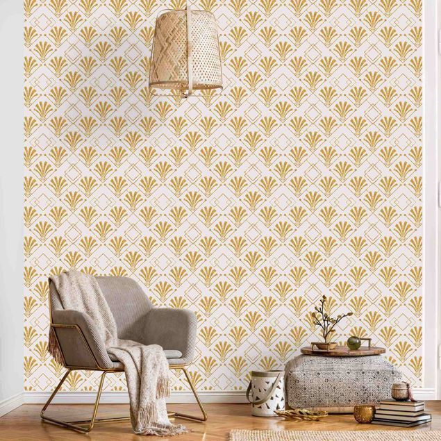 Wanddeko Wohnzimmer Glitzeroptik mit Art Deco Muster in Gold