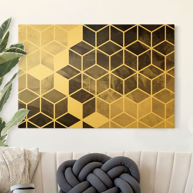 Wanddeko Wohnzimmer Schwarz Weiß goldene Geometrie