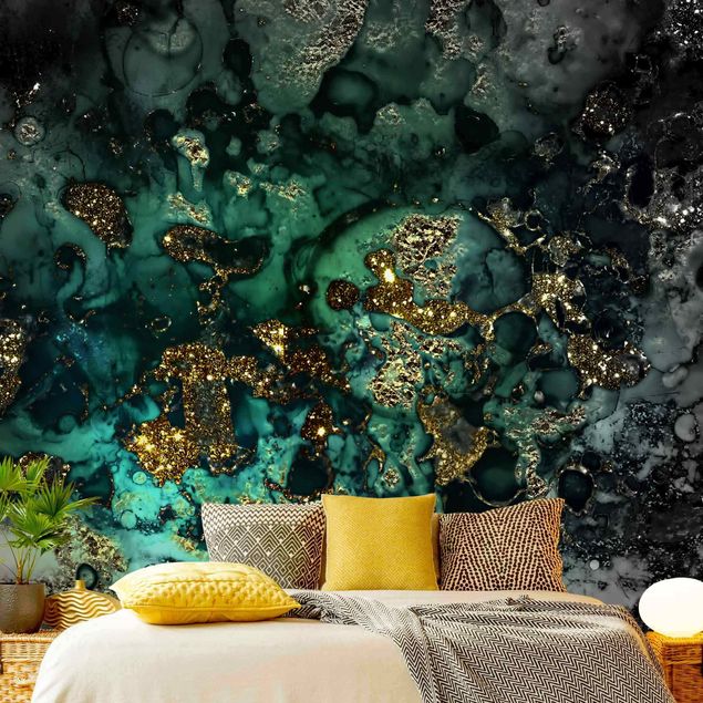 Wanddeko Wohnzimmer Goldene Meeres-Inseln Abstrakt