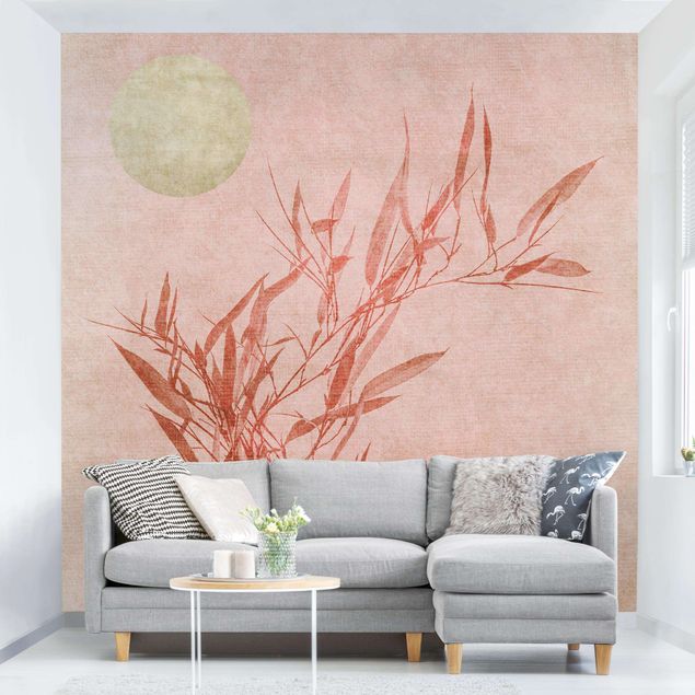 Wanddeko Wohnzimmer Goldene Sonne mit Rosa Bambus