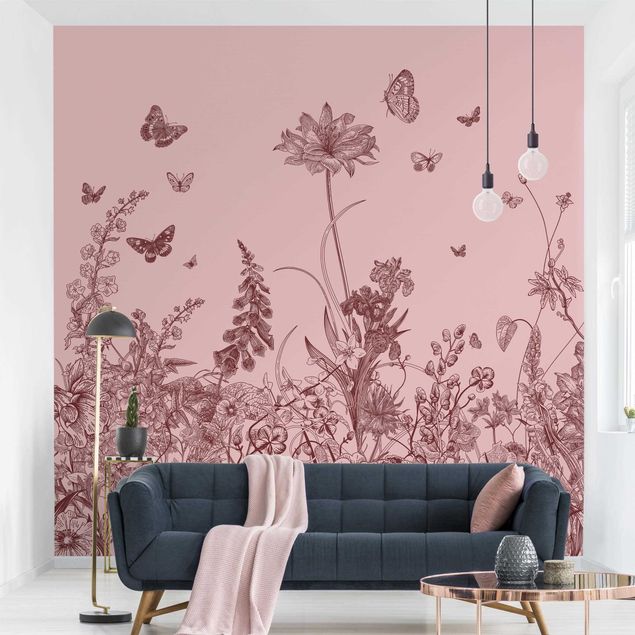 Wanddeko Wohnzimmer Große Blumen mit Schmetterlingen auf Rosa