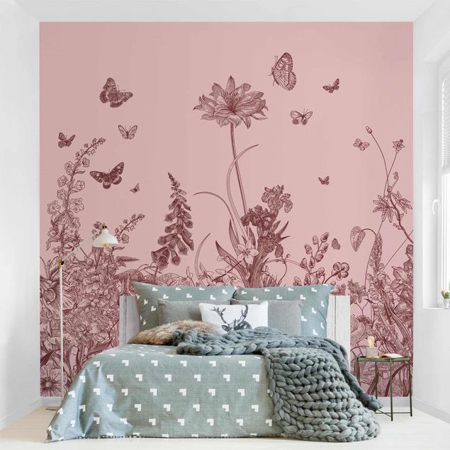 Wanddeko Schlafzimmer Große Blumen mit Schmetterlingen auf Rosa