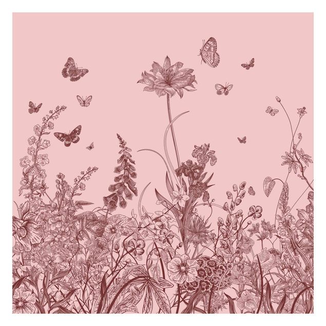 Schmetterling Tapete Große Blumen mit Schmetterlingen auf Rosa