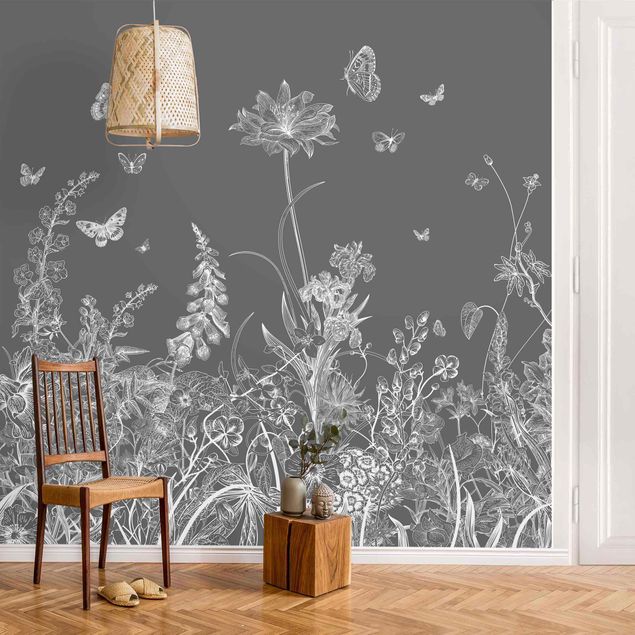 Wanddeko Wohnzimmer Große Blumen mit Schmetterlingen in Grau