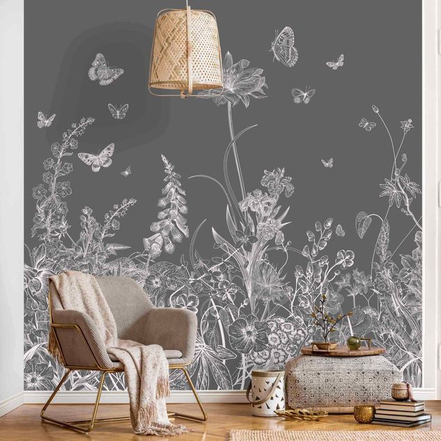 Wanddeko Flur Große Blumen mit Schmetterlingen in Grau