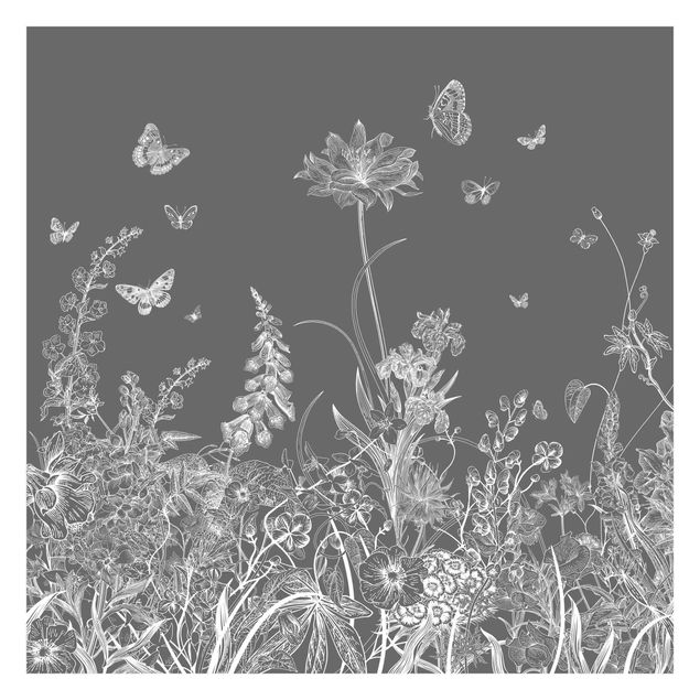Wanddeko Esszimmer Große Blumen mit Schmetterlingen in Grau