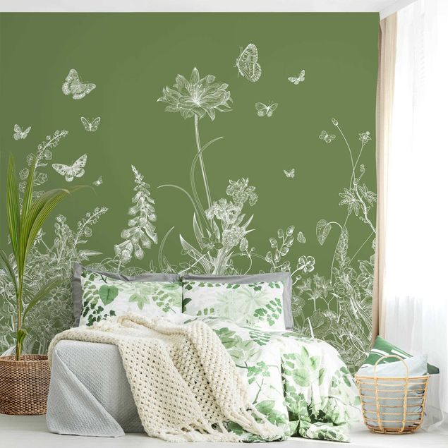 Wanddeko Wohnzimmer Große Blumen mit Schmetterlingen in Grün