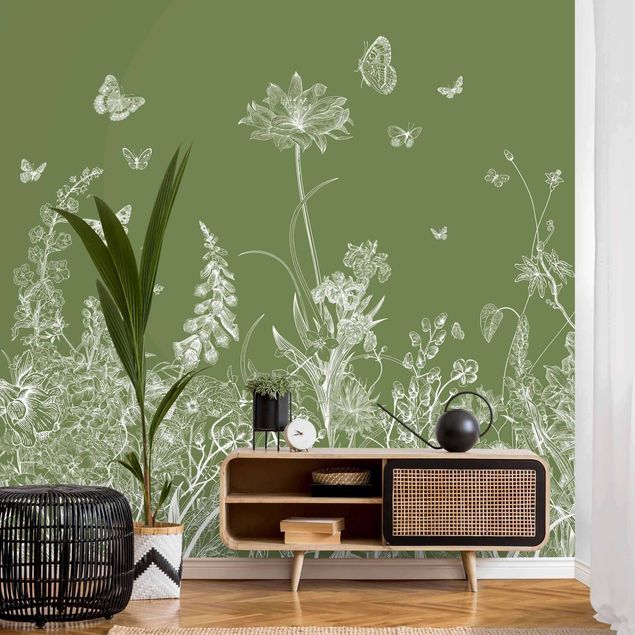 Wanddeko Schlafzimmer Große Blumen mit Schmetterlingen in Grün