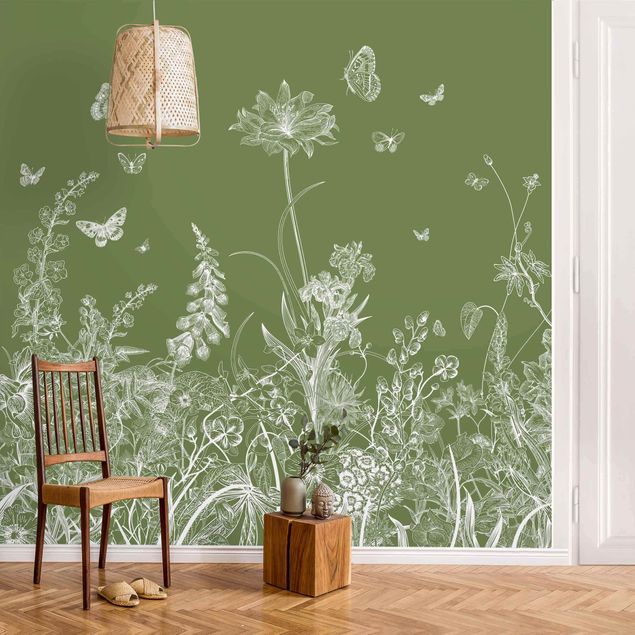 Wanddeko Flur Große Blumen mit Schmetterlingen in Grün