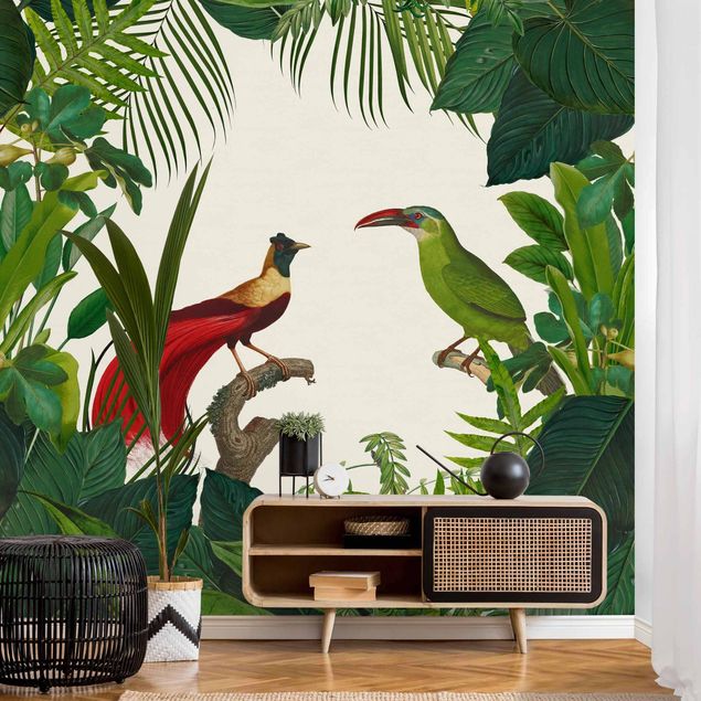 Wanddeko Wohnzimmer Grünes Paradis mit tropischen Vögeln