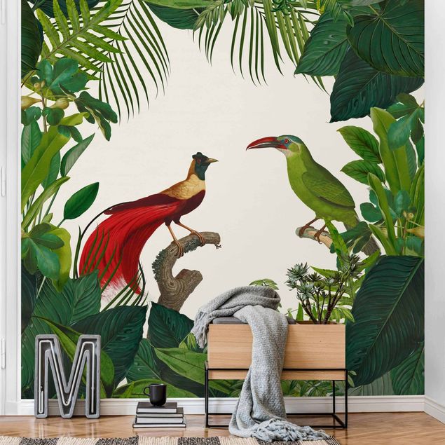 Wanddeko Schlafzimmer Grünes Paradis mit tropischen Vögeln