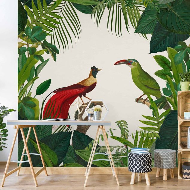 Wanddeko Esszimmer Grünes Paradis mit tropischen Vögeln