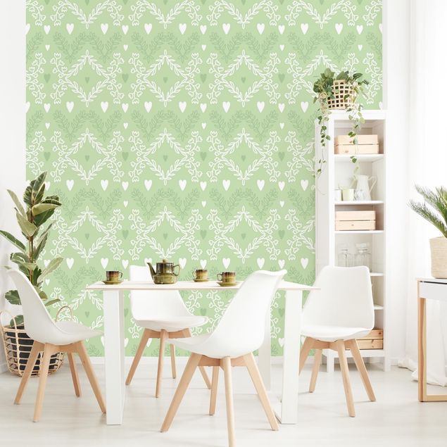 Wanddeko Wohnzimmer Herzen mit Blumen Muster in Grün