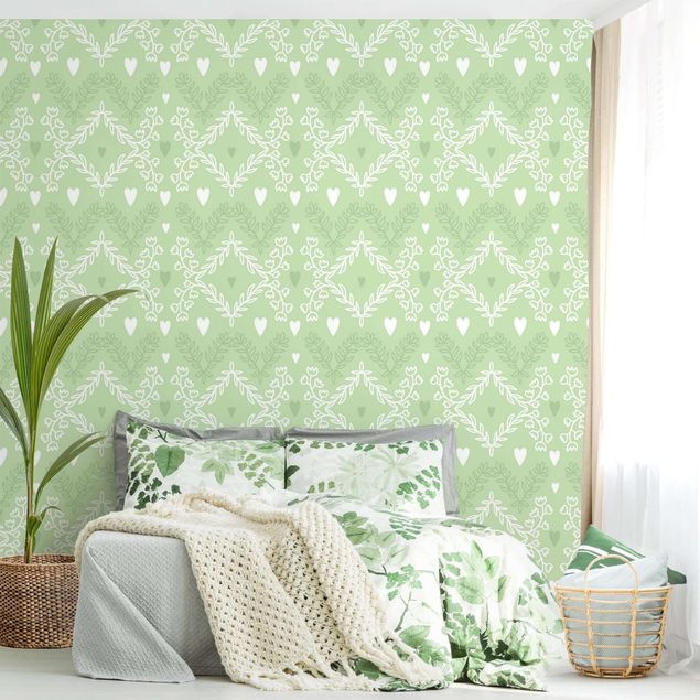 Wanddeko Schlafzimmer Herzen mit Blumen Muster in Grün