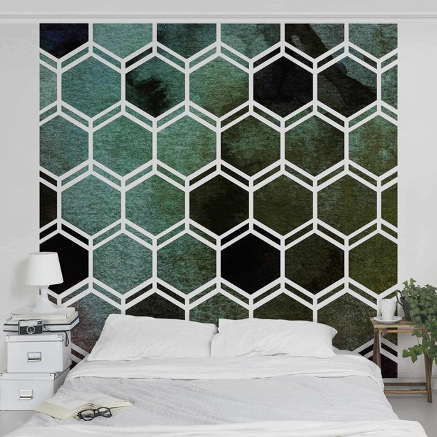 Wanddeko Wohnzimmer Hexagonträume Aquarell in Grün