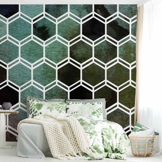 Wanddeko Schlafzimmer Hexagonträume Aquarell in Grün