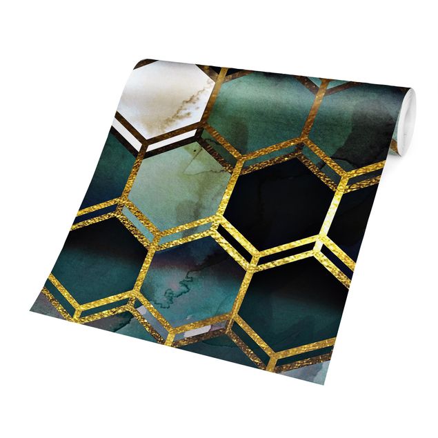 Wanddeko Esszimmer Hexagonträume Aquarell mit Gold